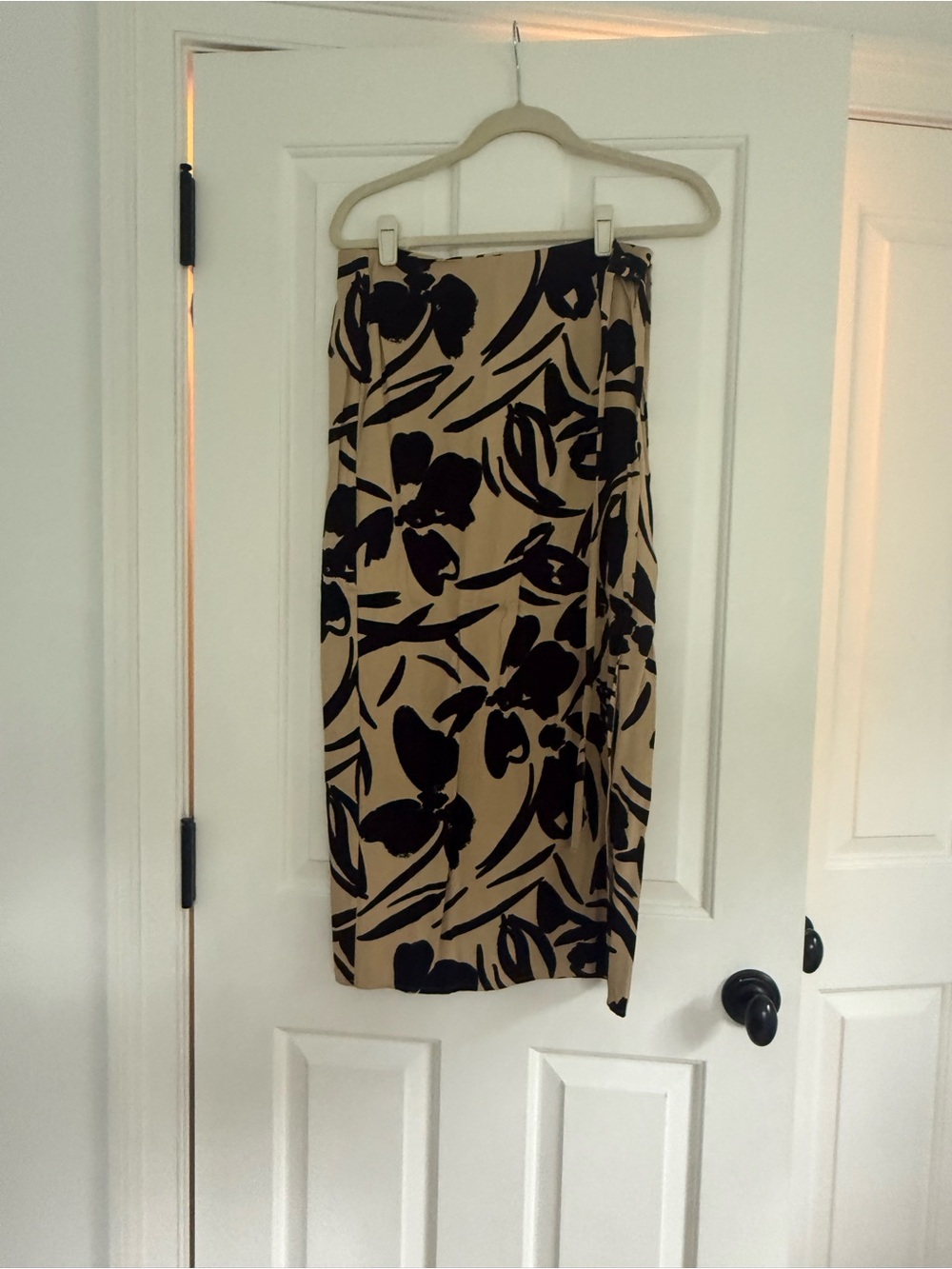 LOFT Beige Midi Skirt with Black Floral Print